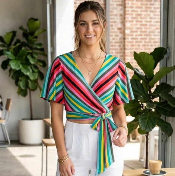 Express Spring Colorful Striped Blouse W/Strap Size S/P Short Sleeve V Neck NWT - Picture 1 of 10